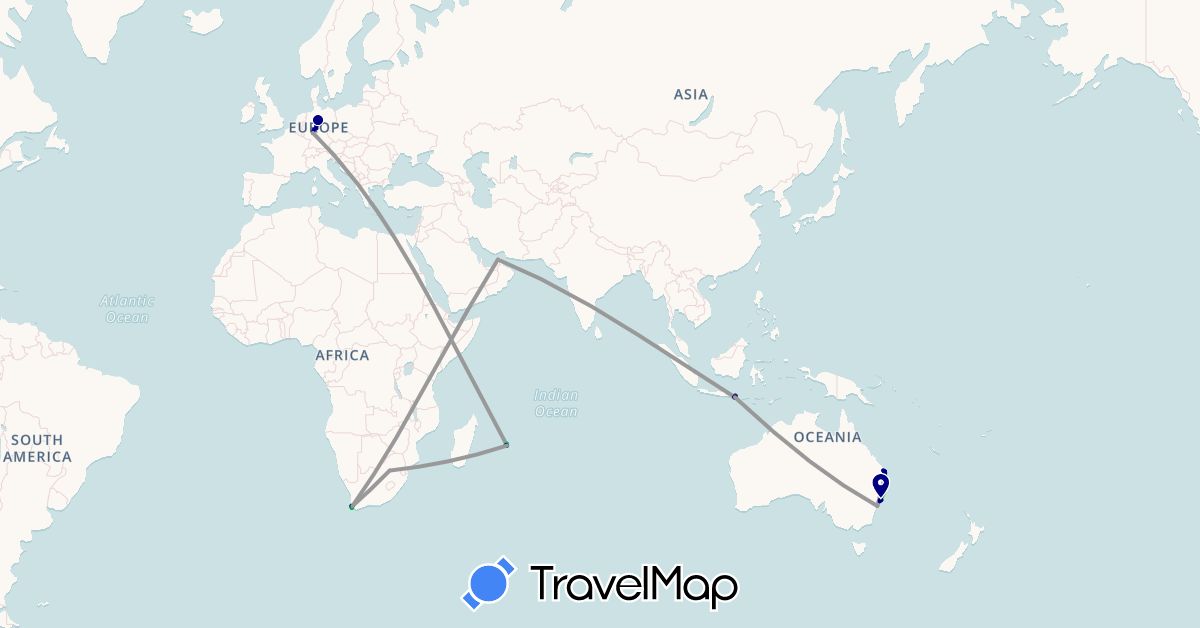 TravelMap itinerary: driving, bus, plane, train, hiking, boat, motorbike in United Arab Emirates, Australia, Germany, Indonesia, Mauritius, South Africa (Africa, Asia, Europe, Oceania)